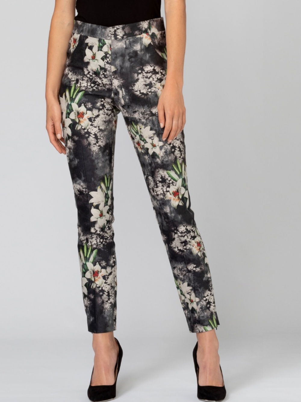 Joseph Ribkoff Whimsigoth Floral Print Slim Pintuck Crop Pull On Pants Sz 12
